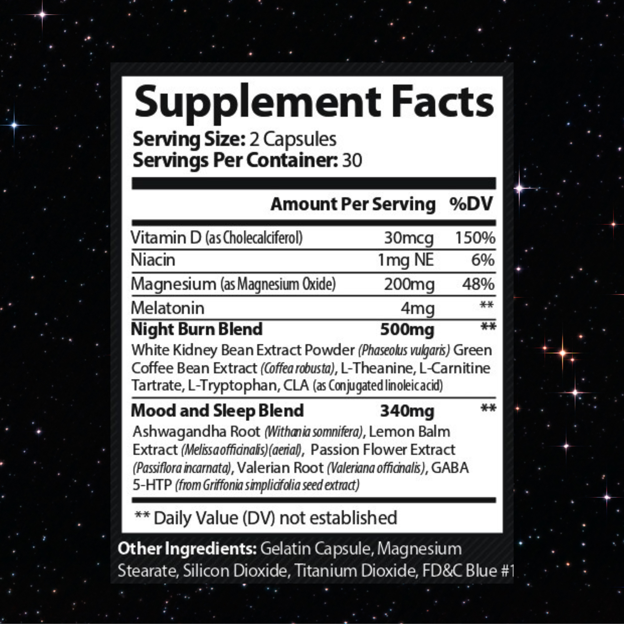 Supplement facts - sleeping tablets with melatonin fused with weight loss ingredients